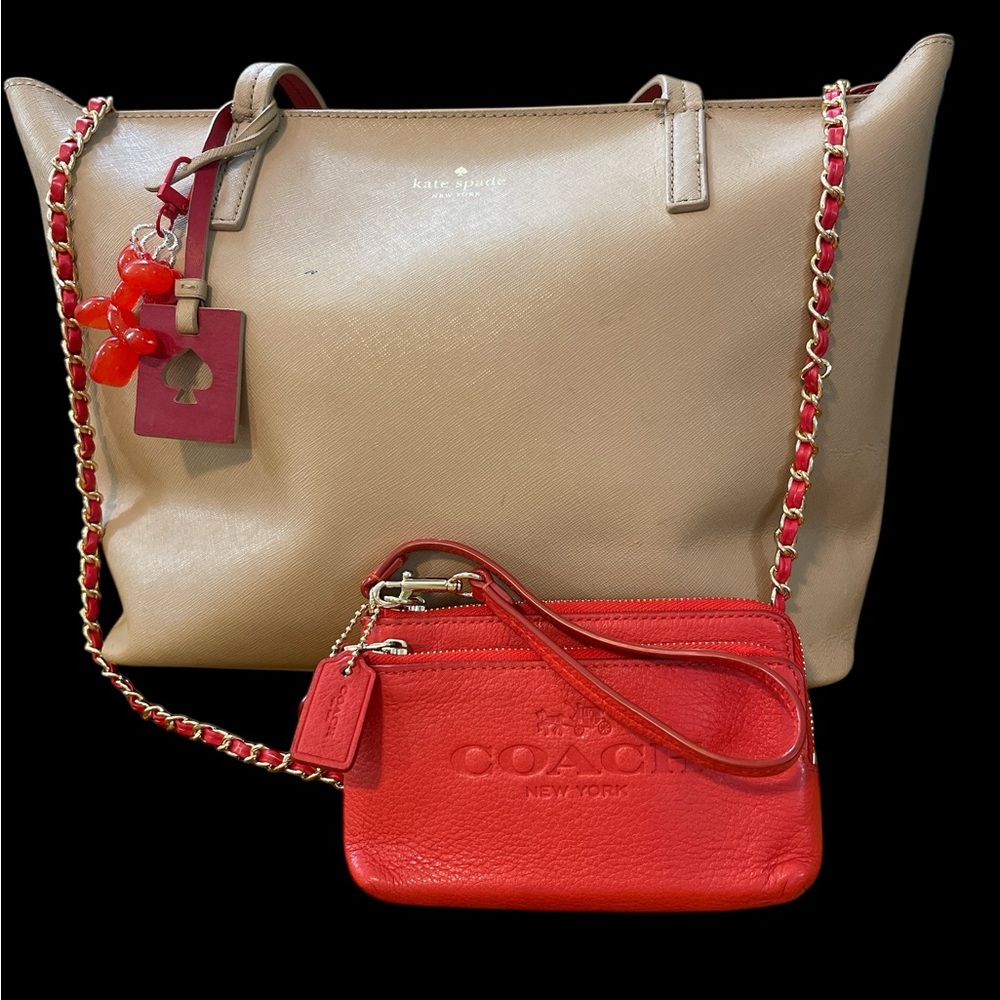 Kate Spade Tan & Red Tote, Coach Wallet, Twillies, Keychain, Xbody Chain & Dusty - Picture 2 of 16